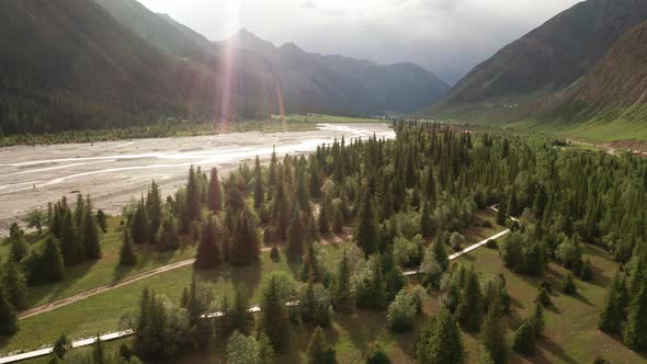 River and mountains at sunset