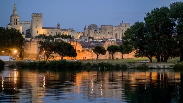 Evening View of the Center of Avignon From the Rhone Promenade. Provence, France. Panning Shot