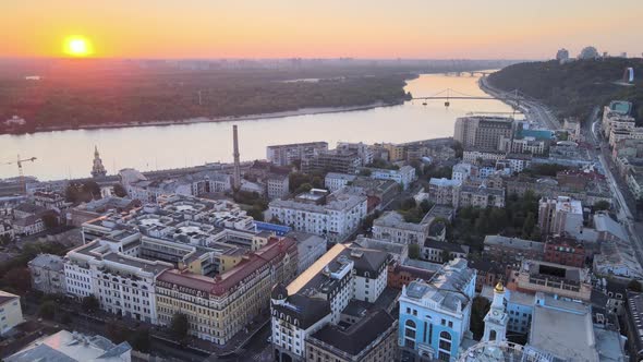 Historical District of Kyiv - Podil in the Morning at Dawn. Ukraine. Aerial View