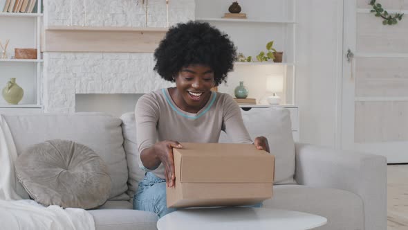 Happy Satisfied African American Woman Customer Sitting on Sofa Get Post Cardboard Parcel Unpack Big