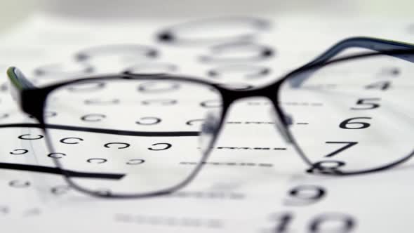 Close-up of spectacles on eye chart