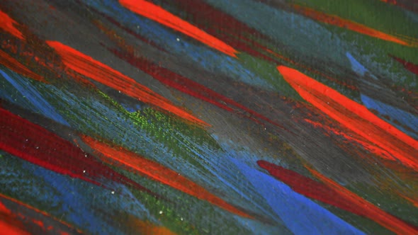 Many Different Colored Lines Painted Bright Paint on Canvas Closeup