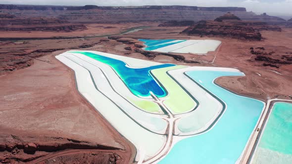 Footage Texas Gulf Potash Salt Ponds with Red Mountains Landscape Utah USA