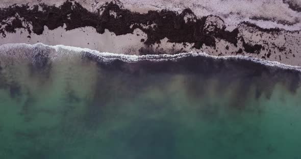 Birds eye view of waves breaking onto a beach filled with seaweed
