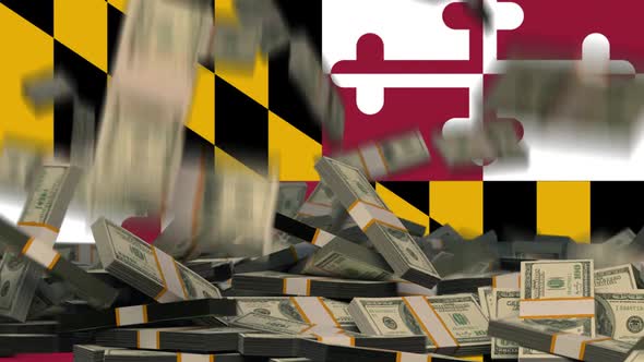 US Dollars Falling in front of Maryland State Flag