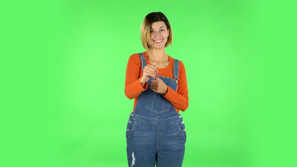 Happy Woman Waving Hand and Showing Gesture Come Here. Green Screen