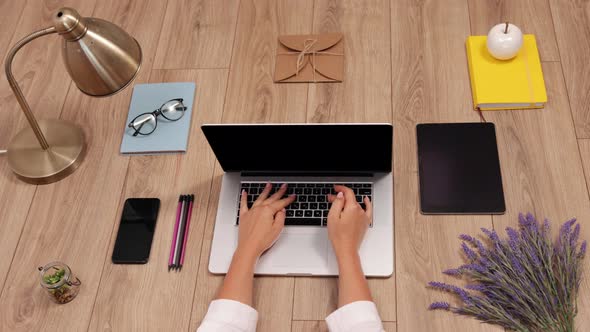 Workspace with Laptop Girl's Hands Notebook Flat Lay Top View Table Desk