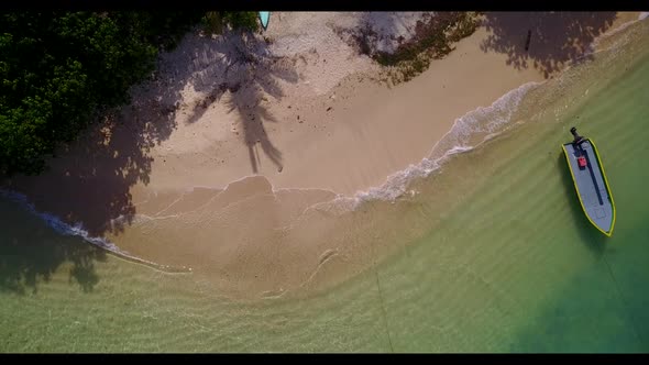 Aerial tourism of paradise bay beach vacation by aqua blue lagoon and white sandy background of adve