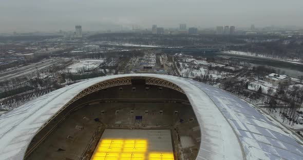 Flying Over Luzhniki Stadium with Moscow Winter View in Background, Russia
