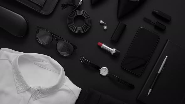 Overhead View of Composition of Essential Businness Woman Items. Elegant Clothes, Watch
