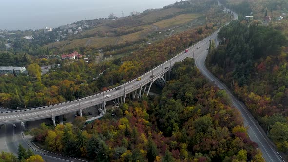 Top View Of Highway In Autumn Forest On Hill