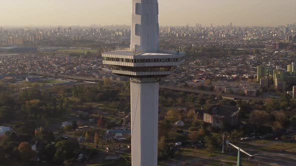 Popular Space tower and cityscape in background, Buenos Aires in Argentina. Aerial circling view