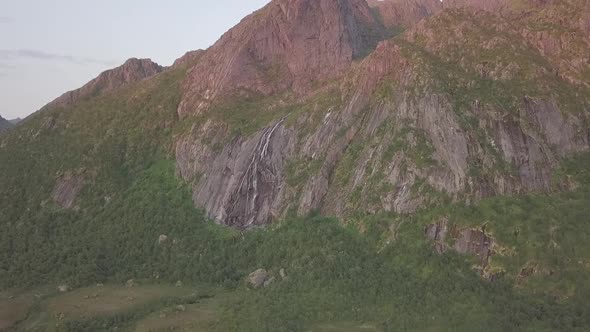 Midnight Sun in Napp/Flakdstad, Lofoten Islands, Norway Aerial Drone 4K