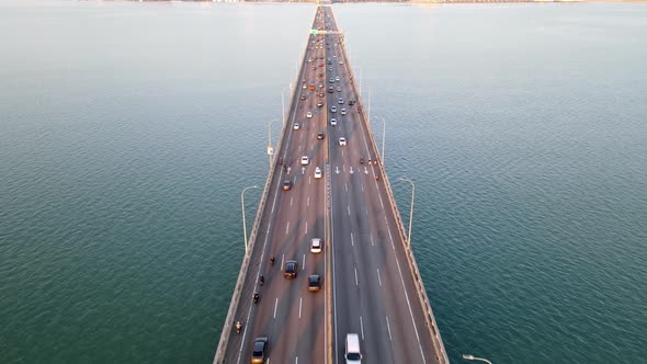 Aerial view morning car traffic cross sea