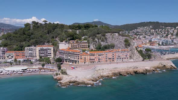 Flight towards Castle Hill in Nice, Cote d'Azur, France