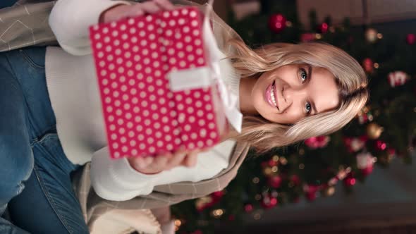 VERTICAL VIDEO POV Woman Giving Gift Box Congratulations Winter Holiday at Christmas Tree Garland