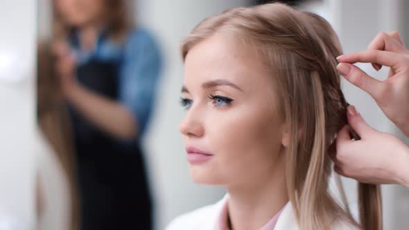 Close Up Adorable Face of Beauty Young Female During Plaiting Braid