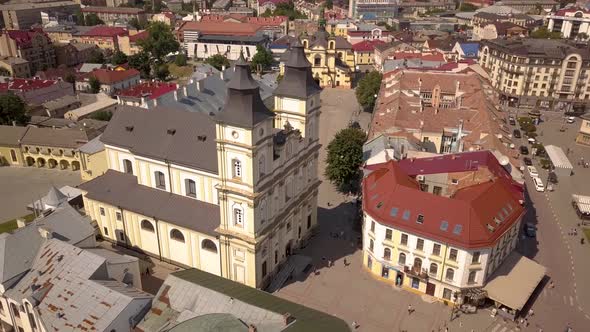 Aerial view of historic center in Ivano-Frankivsk city, Ukraine.
