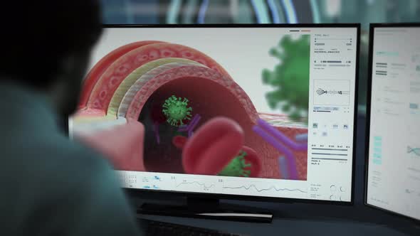 Doctor analyzing the dangerous covid virus cells flowing in the patients blood alt