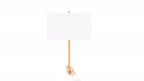 Blank white hand holding white sign mockup on wooden stick