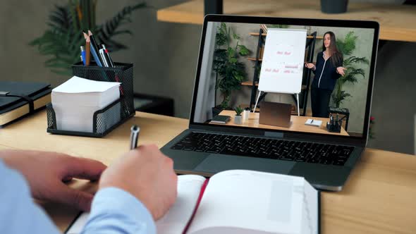 Close Up Smiling Woman Top Manager Company in Computer Screen Talk Report CEO