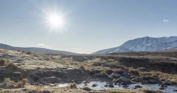 Mountain Meadow Timelapse at the Summer or Autumn Time. Wild Nature and Rural Valley. Sun Rays