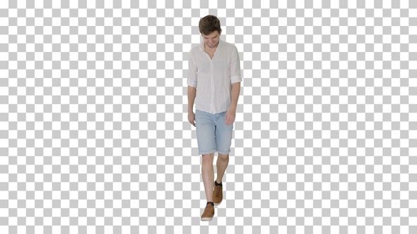 Casual young man walking and looking forward, Alpha Channel