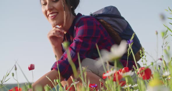 Smiling Woman Smelling and Picking Flowers From field.Side View,close-up,slow motion.Crouched