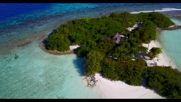 Aerial top view scenery of luxury lagoon beach vacation by blue green sea and white sand background 