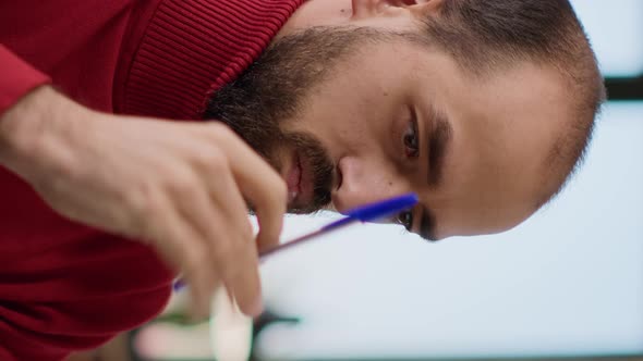 Vertical Video Puzzled Male Employee Brainstorming Ideas About Business Growth