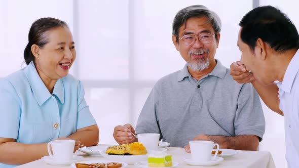 Group of senior friends enjoying meeting on dining table