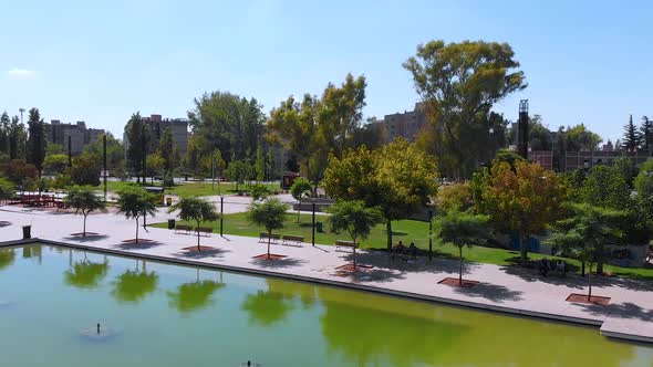 Central park Lagoon (Mendoza, Argentina) aerial view, drone footage