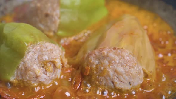 Stuffed Bell Peppers Cooked in a Pan, Close-up.