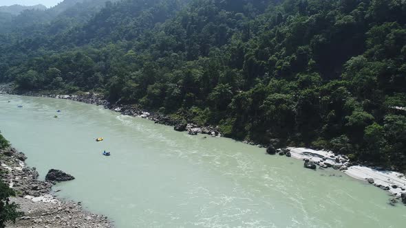 The Ganges river near Rishikesh state of Uttarakhand in India seen from the sky alt