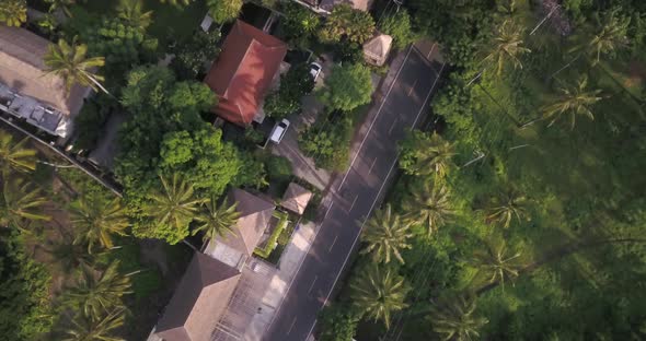 a Drone Shot of Tropical Village and Road with Driven Bikes on It