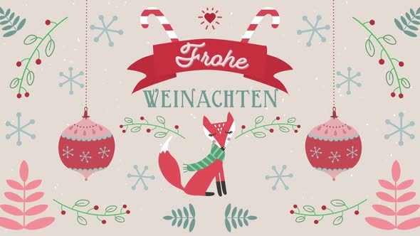 Animation of Frahe Weinachten words with a fox on Christmas decorations background