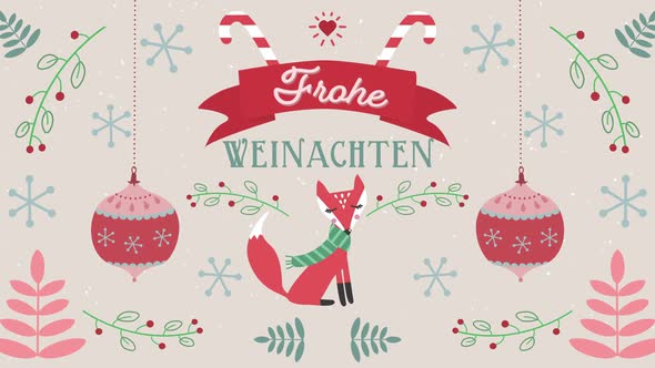 Animation of Frahe Weinachten words with a fox on Christmas decorations background alt