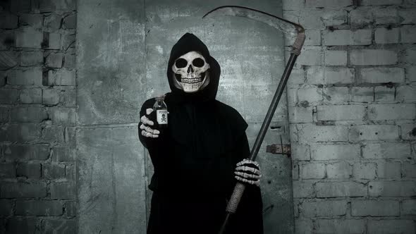 Death with a Scythe Stretches Out a Hand in Which Holds a Vial of Poison, Thereby Proposes To Go