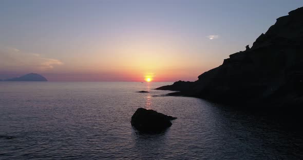 Aerial View of a Colorful Sunset Above the Sea Aeolian Islands