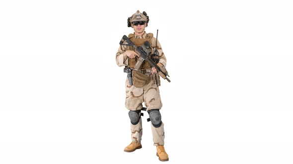 Soldier Standing and Talking To You on White Background