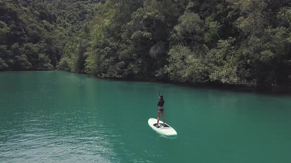 Aerial Footage Back View of a Young Woman on Paddle Board in a Green Lagoon.