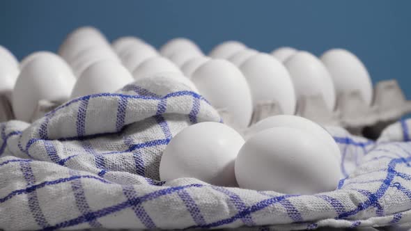 Eggs Rotating Shot Chicken White Fresh Raw Eggs on a Piece of Cloth