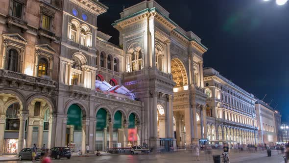 Night View of Vittorio Emanuele II Gallery Timelapse in Milan Italy