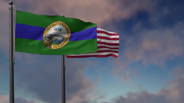 Chattanooga City Flag Waving Along With The National Flag Of The USA - 2K