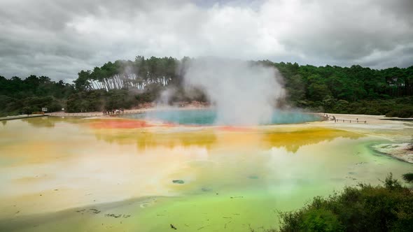 Time Lapse Thermal Lake, Champagne Pool at Wai-O-Tapu near Rotorua, New Zealand