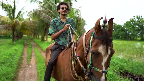 Young handsome man with brown horse. man riding horse