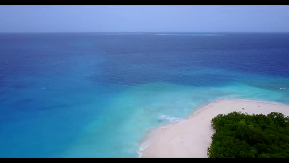 Aerial above travel of beautiful island beach voyage by blue green lagoon and white sand background 