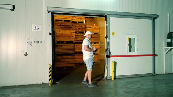 Apple Storage. Warehouse. Male Employee with Digital Tablet Works in Warehouse. Backdrop of Huge
