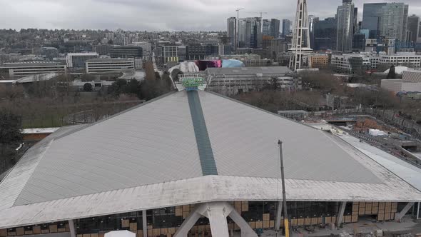 Aerial shot of the Climate Pledge Arena in Seattle under construction.