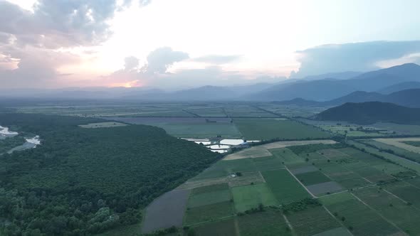 Flying over Alazani river at sunset. Kvareli, Georgia 2022 summer